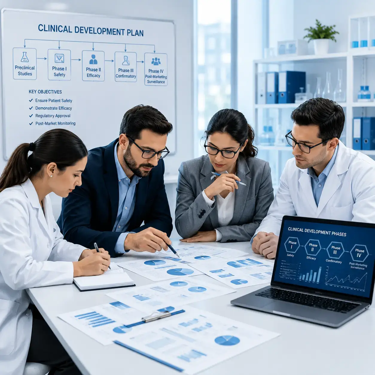 Medical researchers analyzing clinical development charts and laptop data in a laboratory.