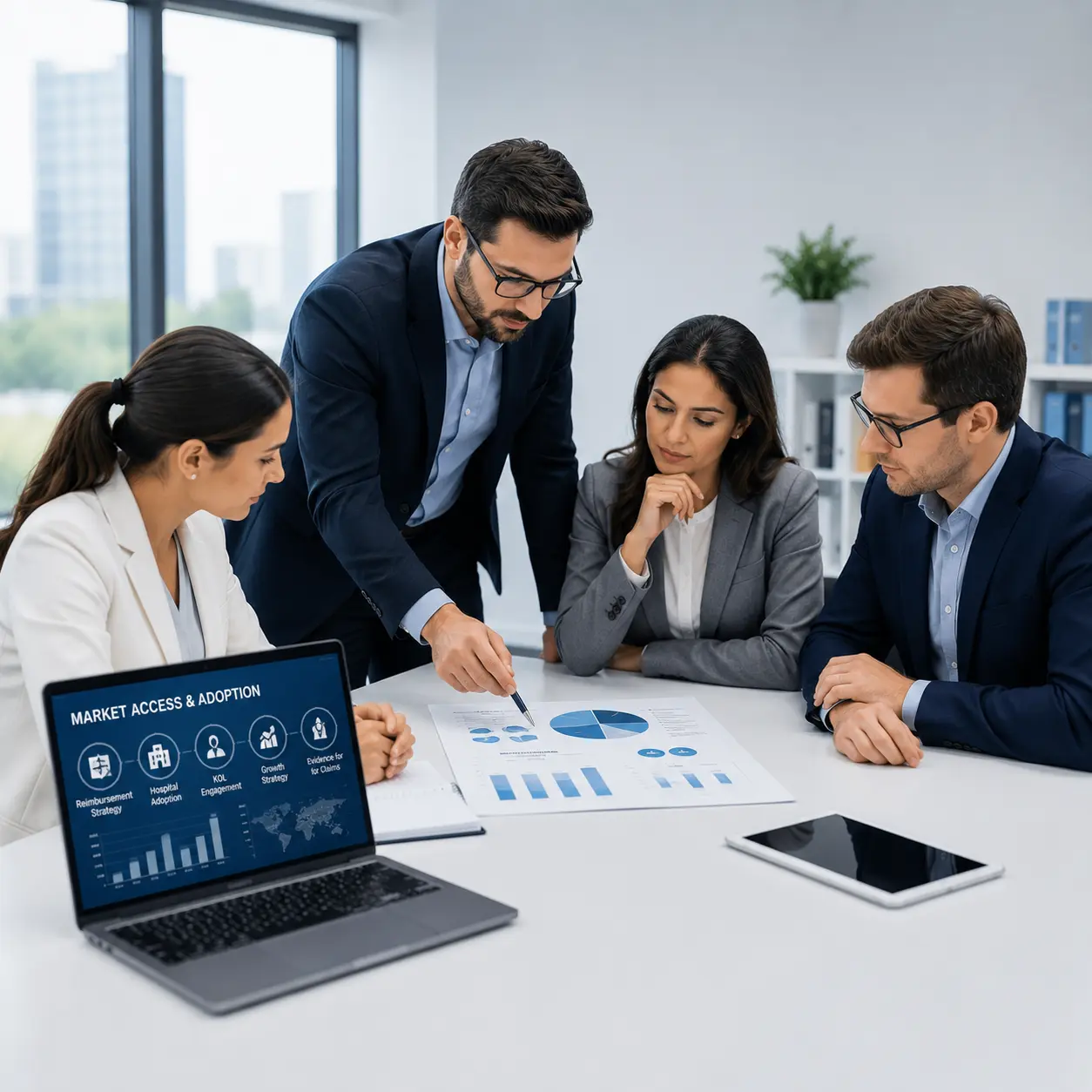 Business professionals discussing market access strategy charts around a laptop in an office.